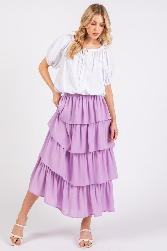 Mittoshop Chiffon Ruffle Layer Elastic Waist Midi Skirt