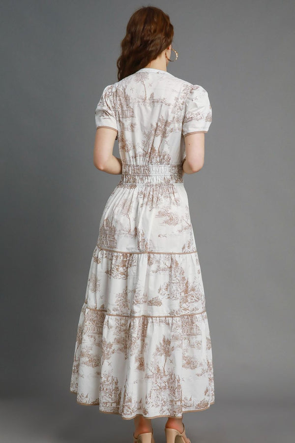 Umgee Full Size Landscape Print Short Sleeve Tiered Maxi Dress Plus