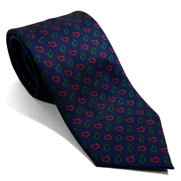 Hand-Printed Navy Blue Small Paisley Silk Tie
