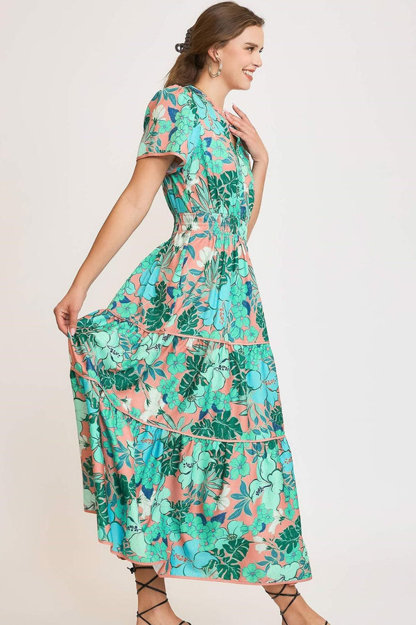 Umgee Full Size Printed Notched Short Sleeve Tiered Dress Plus Size