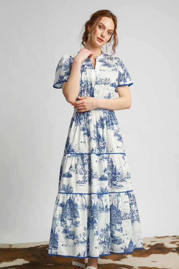 Umgee Full Size Landscape Print Short Sleeve Tiered Maxi Dress Plus