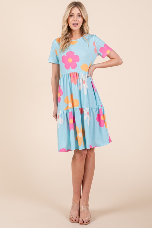 BOMBOM Floral Round Neck Short Sleeve Tiered Dress