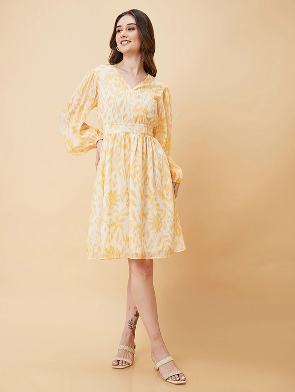 Off White Polyester Fit & Flare Dress (Size-M) (Color-MUSTARD)