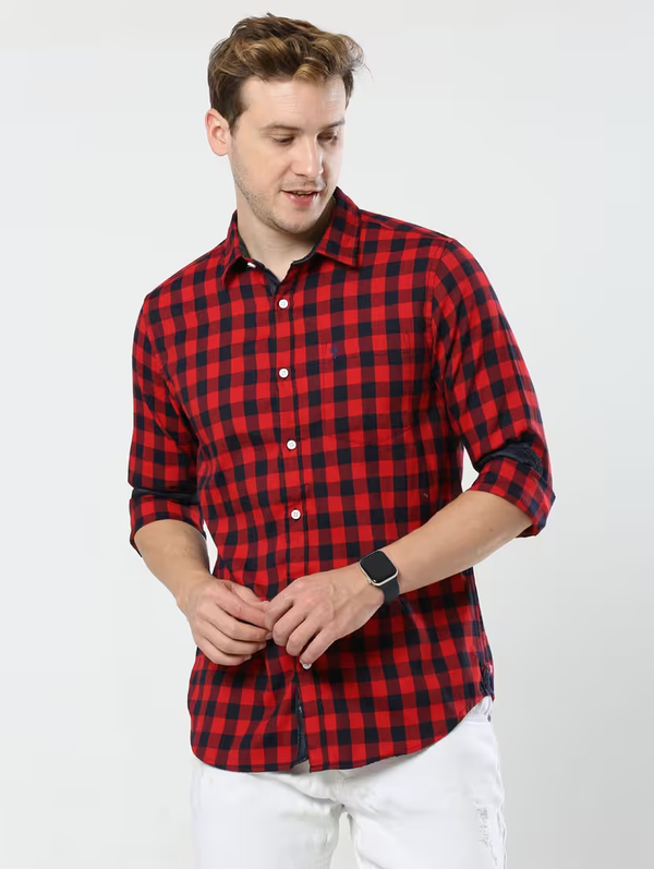 Mens Checks Casual Shirt (Size-M) (Color-Red)