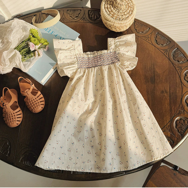 Summer Baby Kids Girls Fly Sleeves Square Neck Flowers Pattern Printed