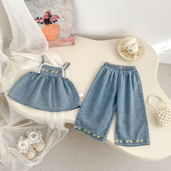 Summer Baby Kids Girls Flowers Pattern Embroidered Sleeveless Top and